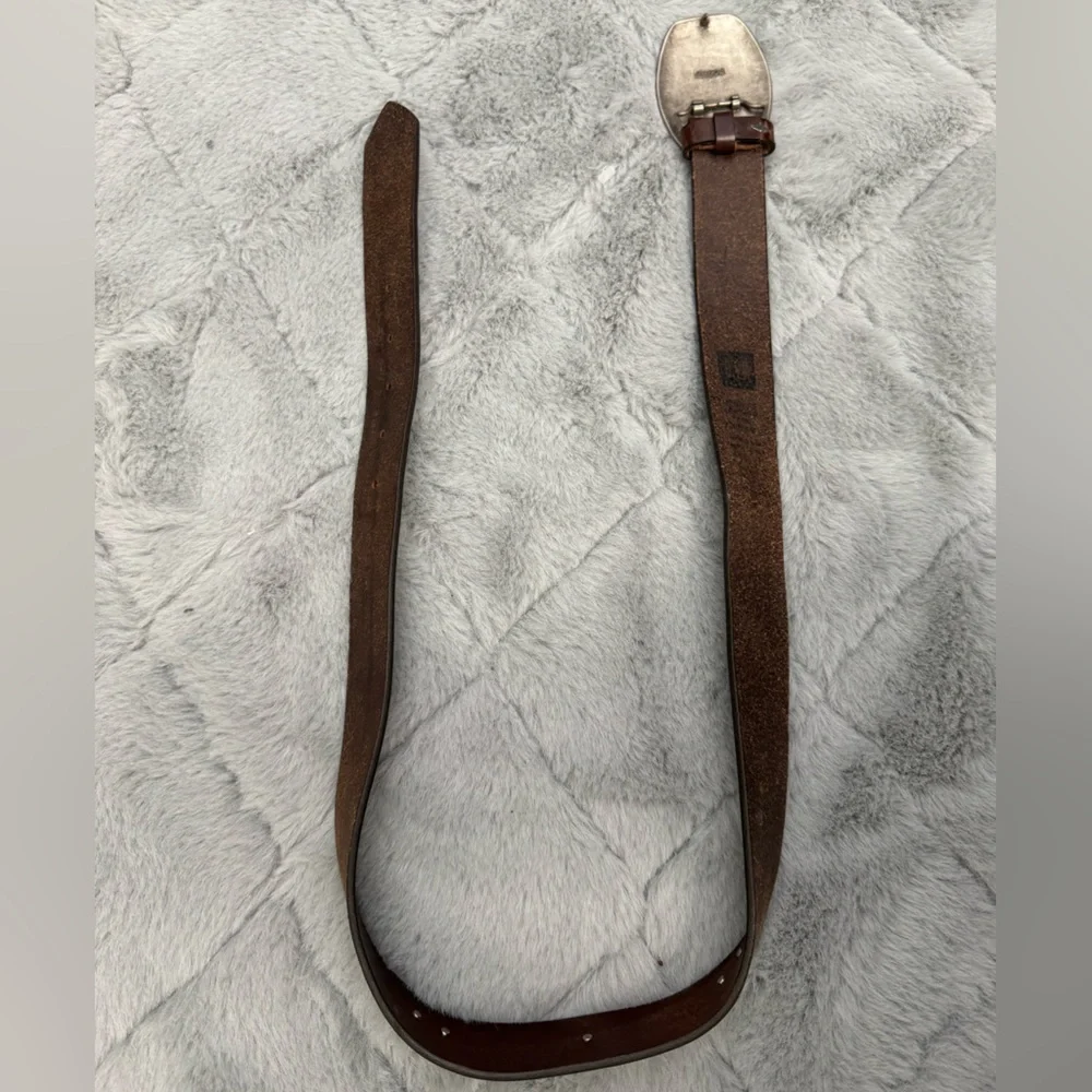 Vintage 90s Leather Statement Belt Western Festival Rodeo Silver Buckle Brown - Picture 8 of 13